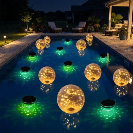 2Pcs Floating Pool Lights Solar Powered 14inch Inflatable IP68 Waterproof LED Glow Balls Floating Light Up Balls for Swimming Pool Party Outdoor Decor