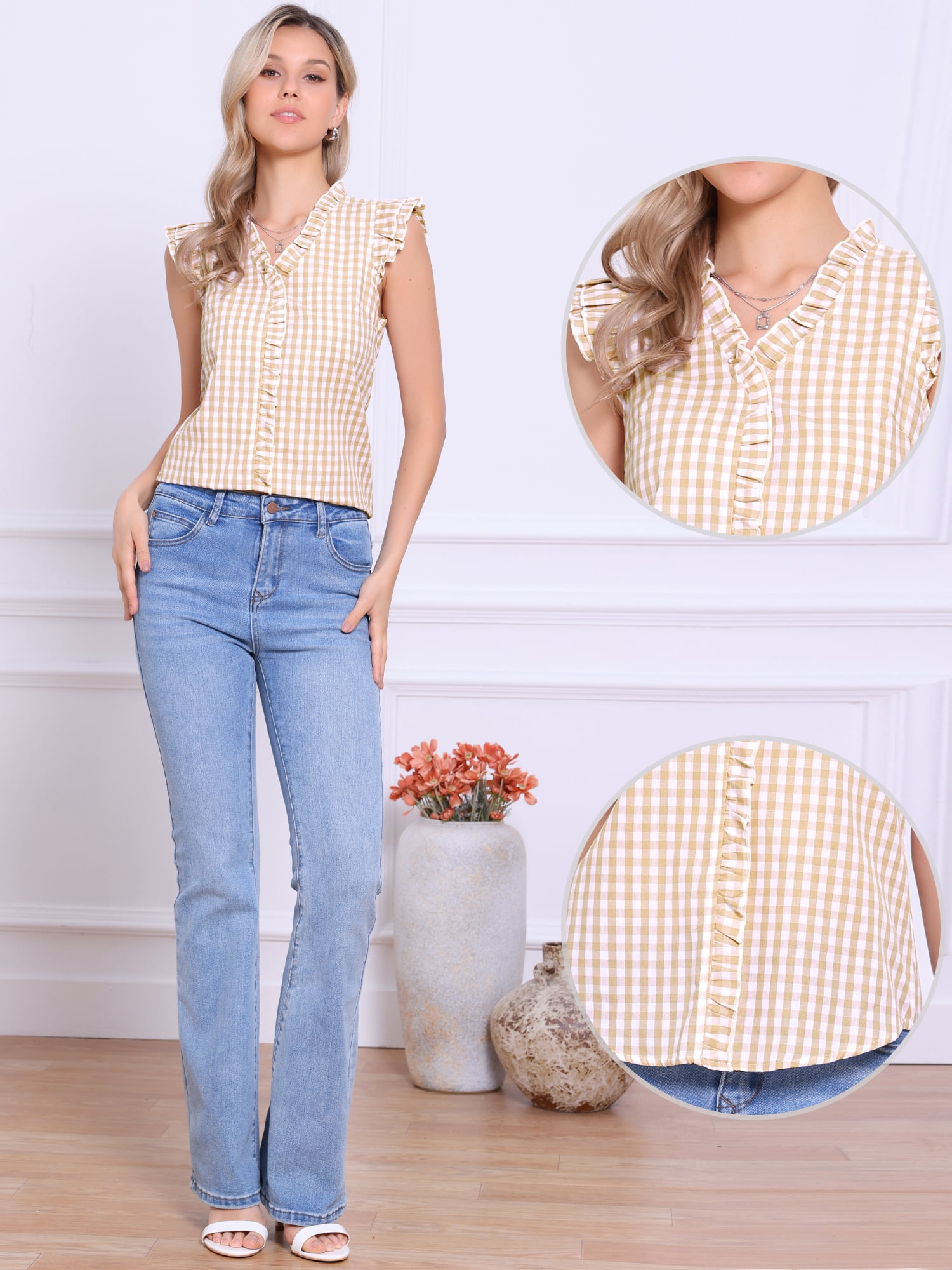 DARING DIVA Women's Ruffle Shirt Vintage Cap Sleeve Checkered Blouse XL Light Khaki