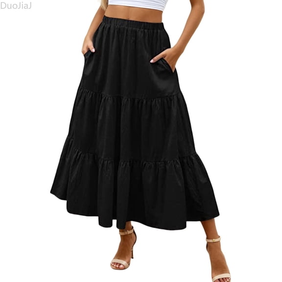 DuoJiaJ Women's Mid Length Skirt With Pockets High Elasticity Waist Flowing Ruffles Casual Summer Bohemian Style A Line Skirt Skirts For Women Black L