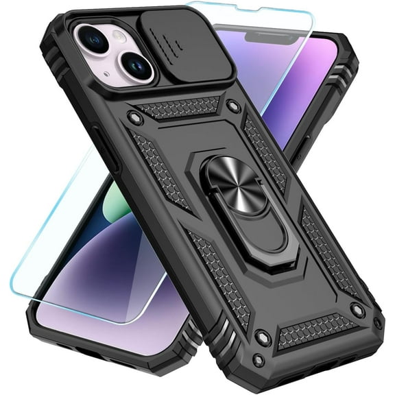 XIHAMA Compatible with iPhone 13 Case/iPhone 14 Case with HD Screen Protector & Slide Camera Cover & Rotated Ring Kickstand, [Military-Grade] Phone Case for iPhone 13/14