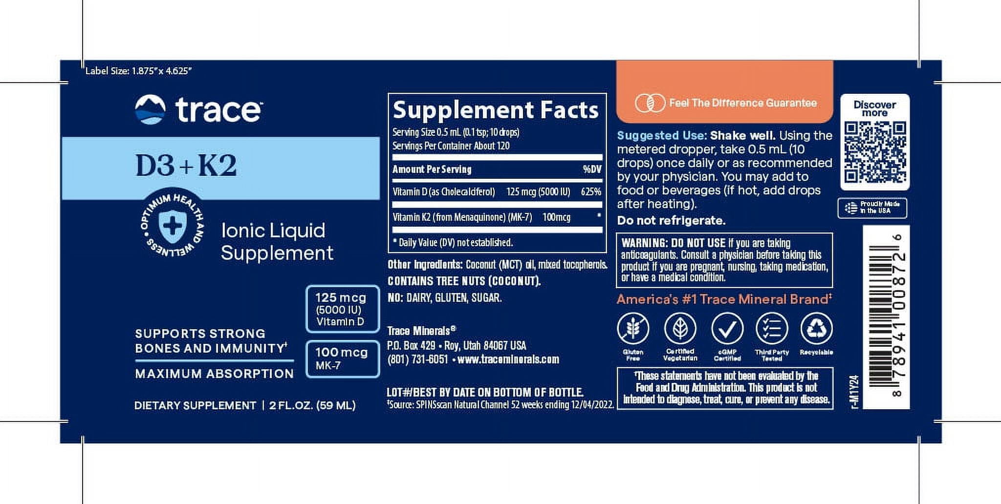Trace Minerals Ionic Vitamin D3 + K2 Liquid for Bones, Heart Health & Immunity, 2 Fluid Ounce, 120 Servings