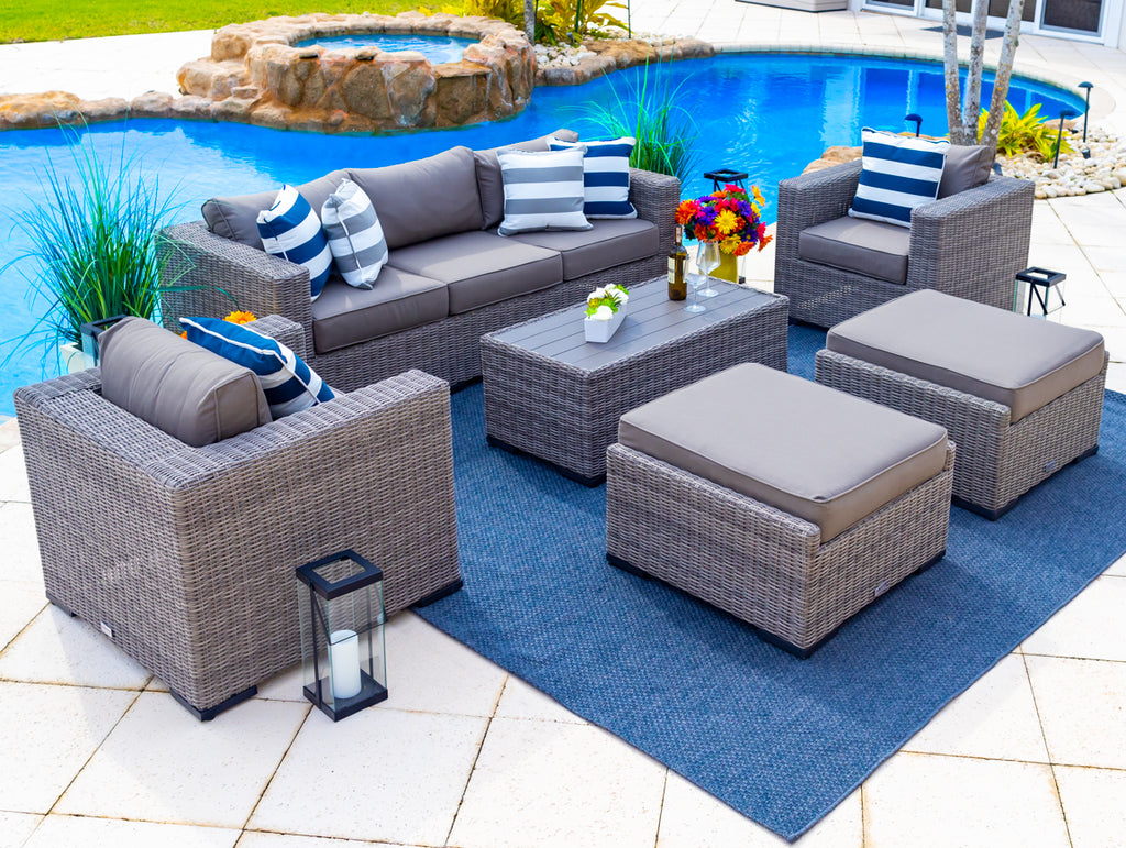 Tuscany 6-Piece L Resin Wicker Outdoor Patio Furniture Lounge Sofa Set with Three-seat Sofa, Two Armchairs, Two Ottomans, and Coffee Table (Half-Round Gray Wicker, Sunbrella Canvas Charcoal) - image 1 of 5