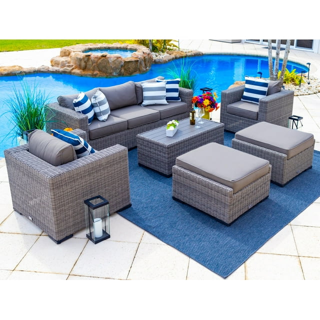 Tuscany 6-Piece L Resin Wicker Outdoor Patio Furniture Lounge Sofa Set with Three-seat Sofa, Two Armchairs, Two Ottomans, and Coffee Table (Half-Round Gray Wicker, Sunbrella Canvas Charcoal)