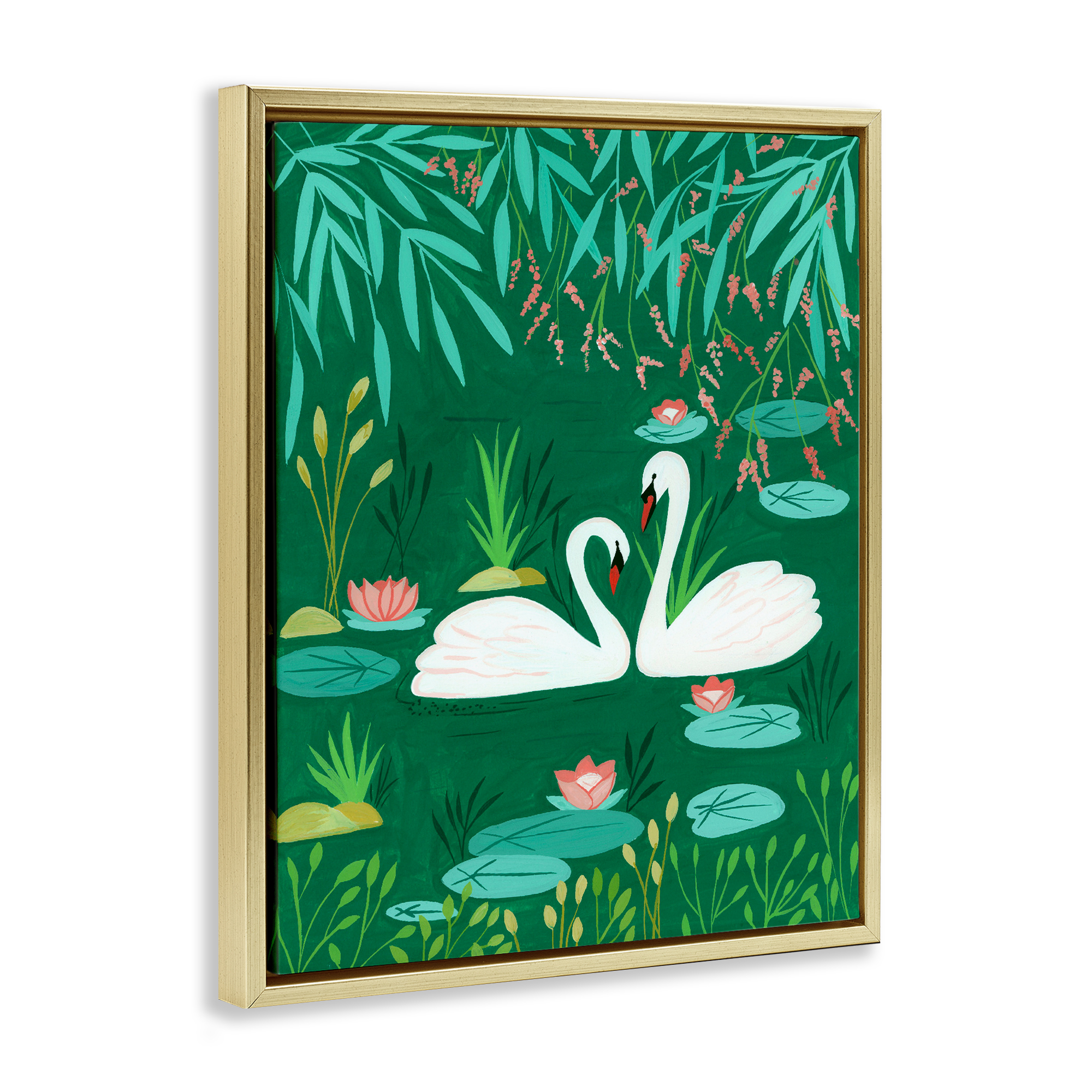 Swan Pair on Green Pond Gold Framed Floater Canvas Wall Art, design by Nabeela Rumi