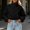 Black, variant on Women's Cropped Stand Collar Zip-Up Jacket with Drawstring Hem Lightweight Casual Plus Size Coat