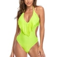 thumbnail image 2 of Traje de baño de una pieza para mujer con cintura expuesta, talla M Traje de baño con borlas y cuello halter en amarillo fluorescente, 2 of 6