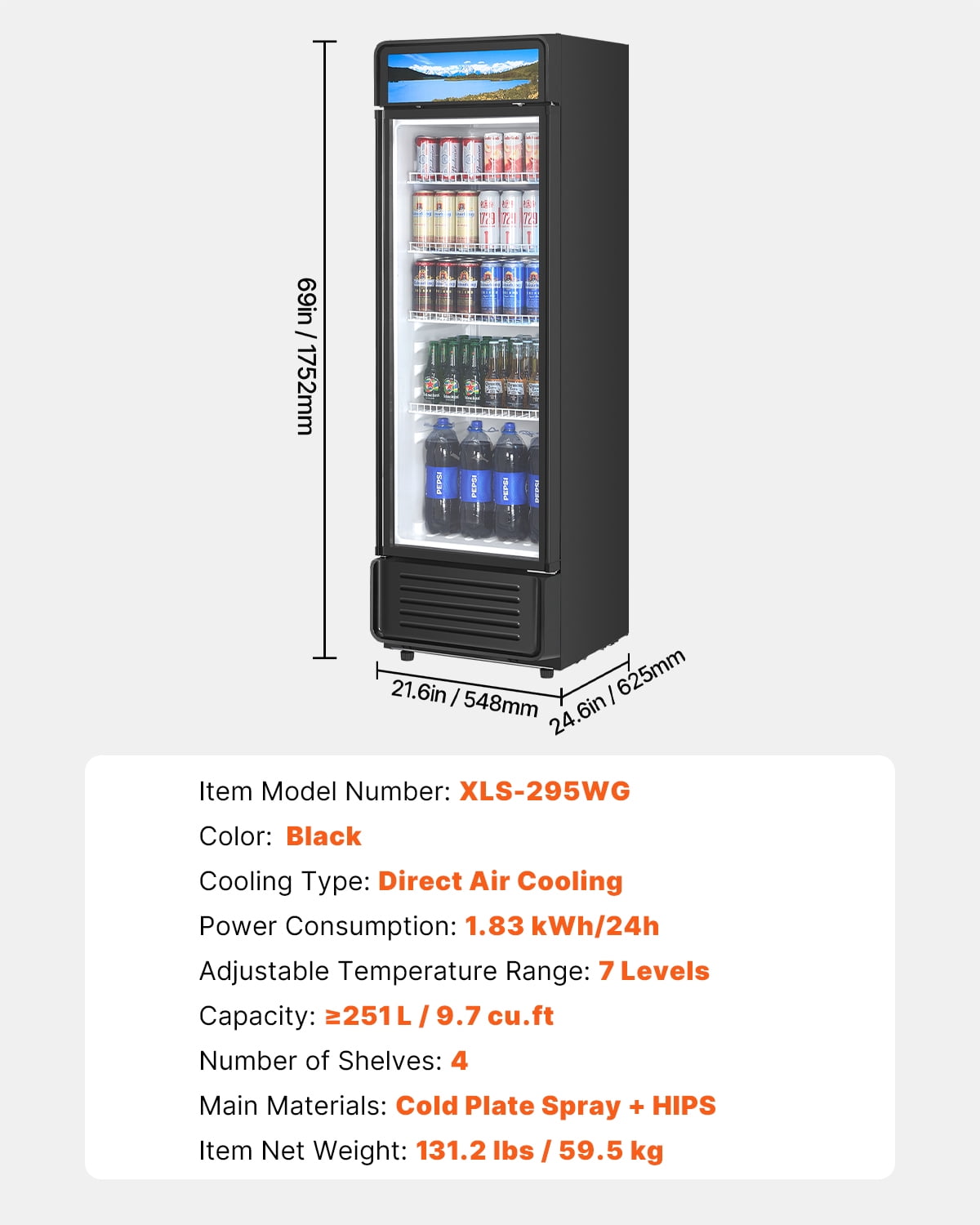 VEVOR Commercial Merchandiser Refrigerator, 9.7 CU.FT Glass Door Display Refrigerator, Beverage Refrigerator Cooler Merchandiser with Adjustable Shelves, Soft LED Light,Customizable Lightbox,Black