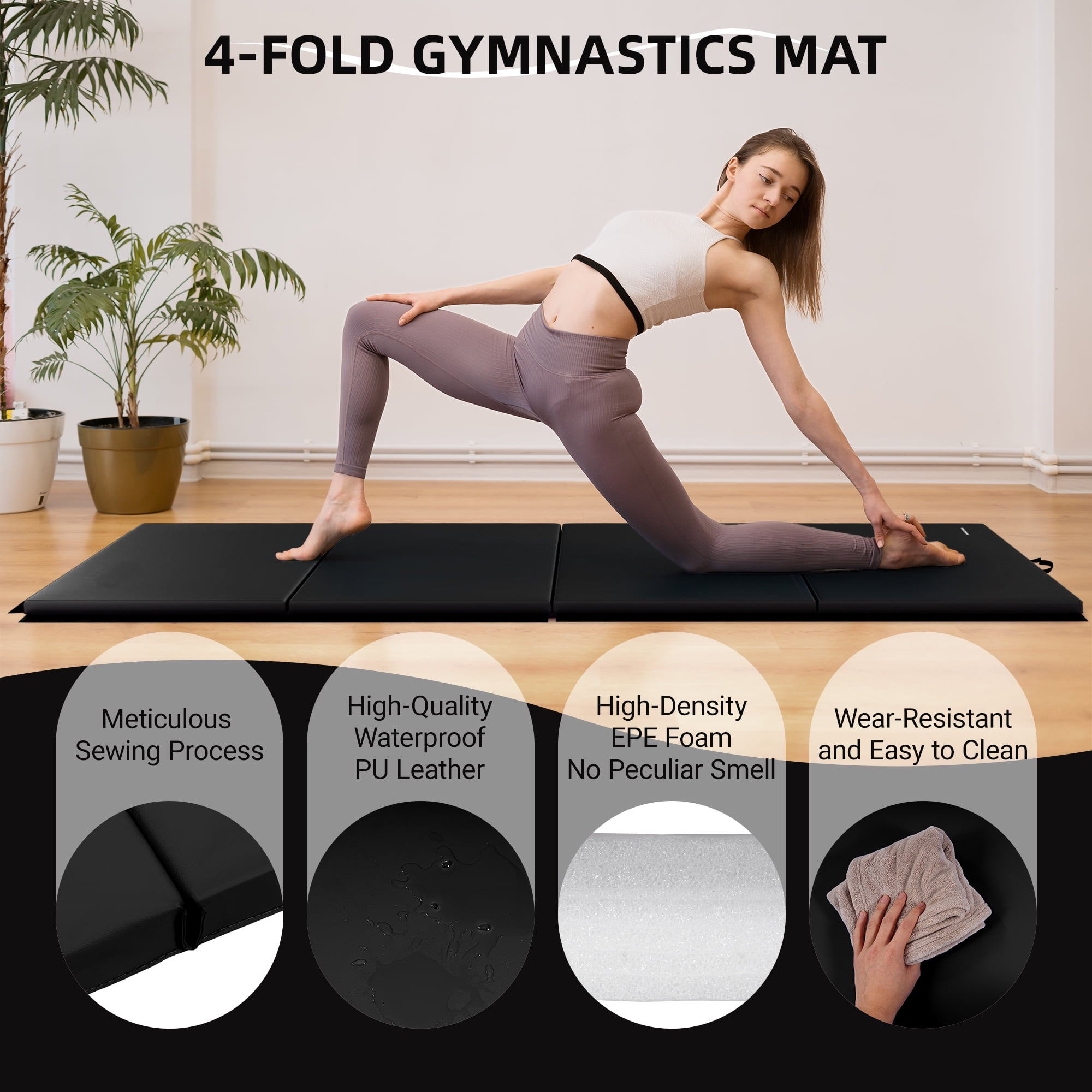 Signature Fitness 4ft x 10ft x 3in Folding Gymnastics Mat, 4-Panel Extra Thick Exercise Mat with Handles, PVC Leather + EPE Foam, Multiple Colors