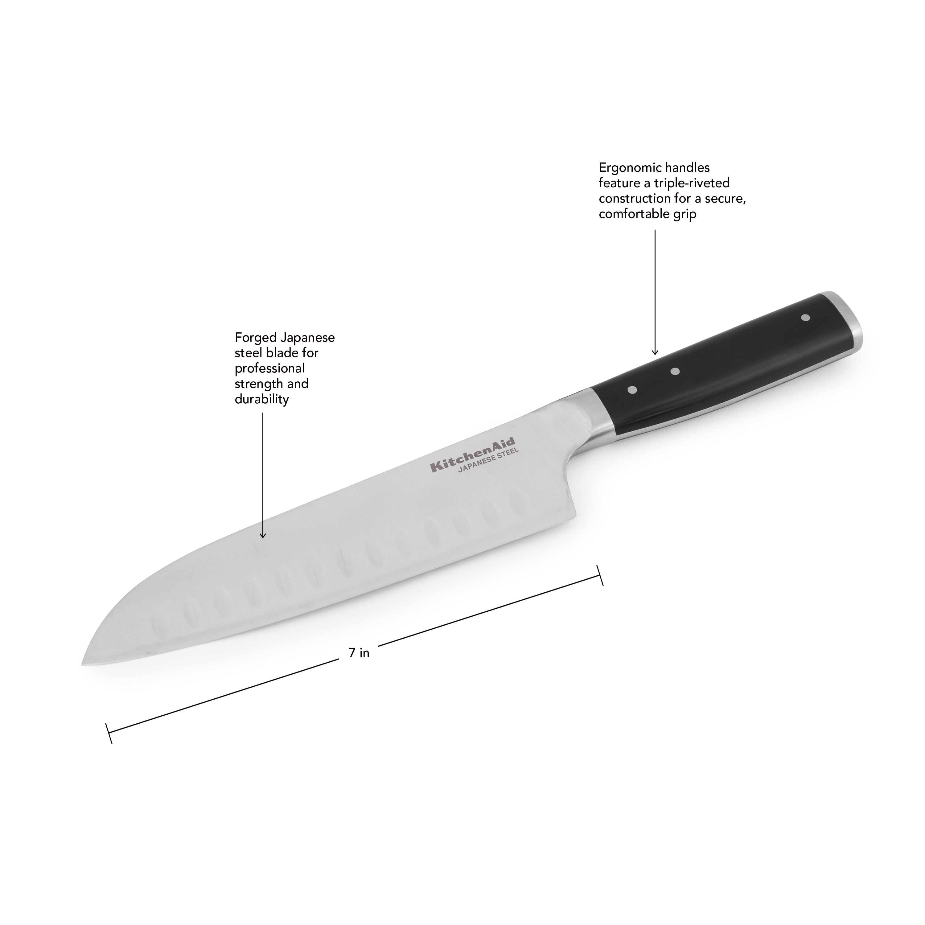 Kitchenaid Gourmet Forged Tripe-Rivet Santoku Knife with Blade Cover, 7-inch, Black