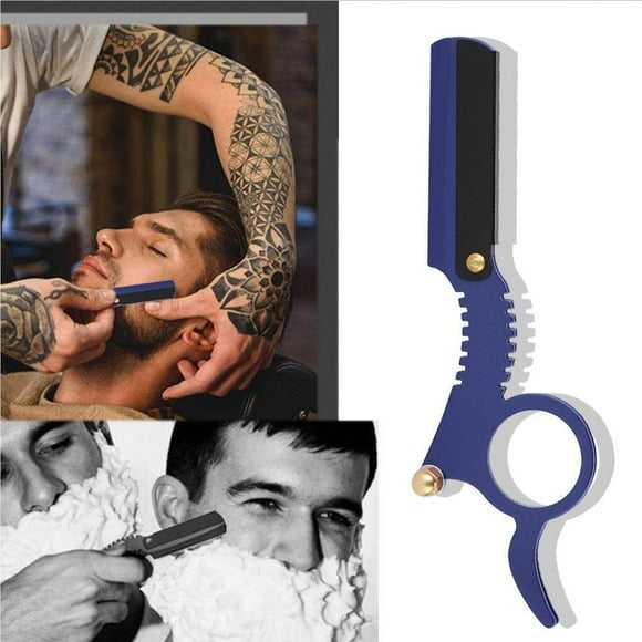 Vintage Barber Straight Edge Razor with Easy Blades Replacement Mechanism Beard Shaving Blue