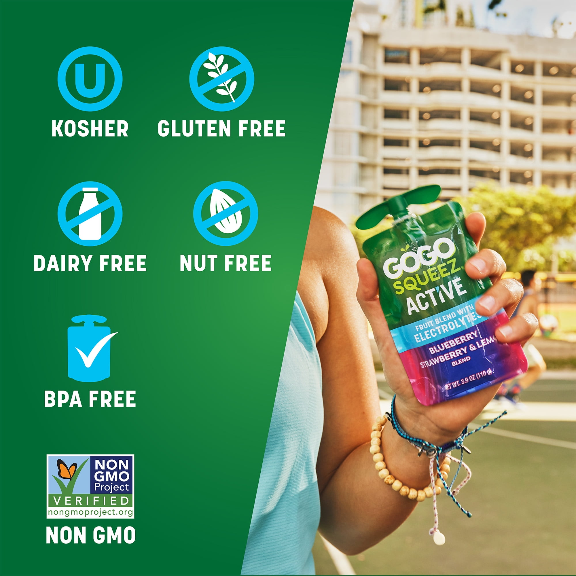 GoGo squeeZ Active Fruit Blend with Electrolytes, Blueberry Strawberry Lemon, 3.9 oz/10ct