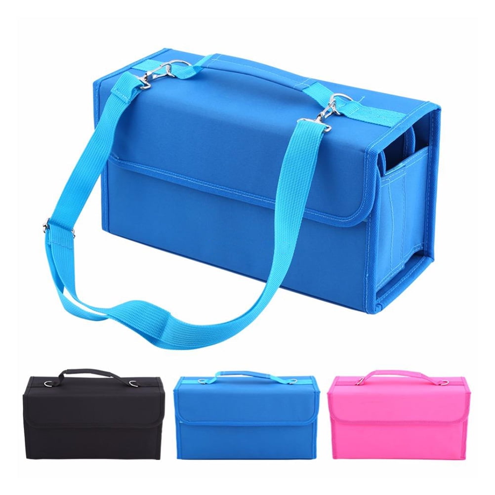 QIFULL Heavy Duty Marker Pens Storage Case 80 Slot Black Nylon Bag with Shoulder Strap and Zipper