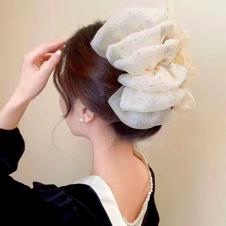 Beige Mesh Tulle Bow Hair Claw Clips, Solid Color Rhinestone  display picture 3