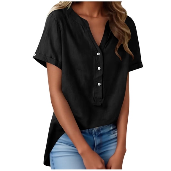 Htigea Summer Linen T-Shirt for Women Short Sleeve V-Neck Tops Solid Color Casual Tunic Tees Dressy Blouse Black S