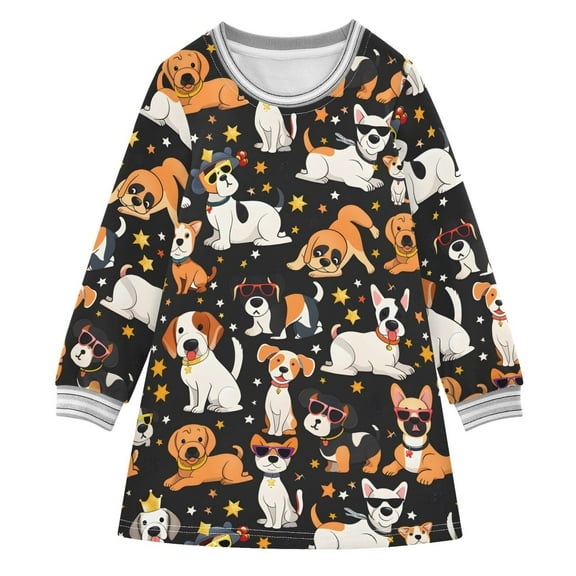 Girls' long-sleeved dress Many Dogs Girls' A-line dress with ribbed cuffs Soft and comfortable