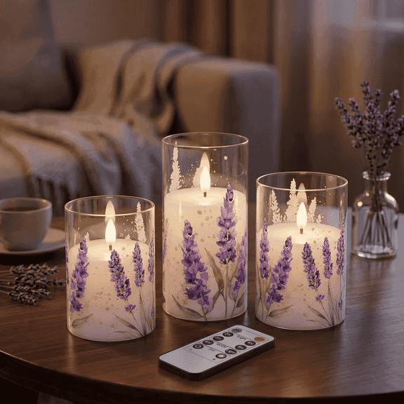 Goyuon Lavender Flameless Candles, Battery Operated LED Pillar Candles with 2/4/6/8H Timer, Flickering Candle for Wedding, Holiday, Spring Decor, Set of 3 (D3”x H4” 5” 6”)