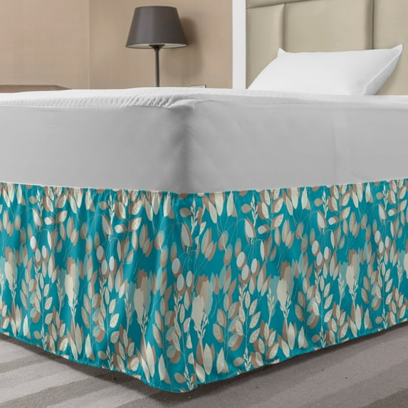 Botanical Bed Skirt, Autumn Branches and Leaves Fall Season Foliage Plants Herbs Blossom Beauty, Elastic Bedskirt Dust Ruffle Wrap Around for Bedding Decor, 4 Sizes, Cocoa Turquoise, by Ambesonne