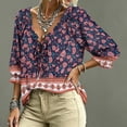thumbnail image 6 of Women's Boho Printed Blouse,3/4 Sleeve Lace-Up V-Neck Peasant Top Summer,Ruffle Blouse, 6 of 7