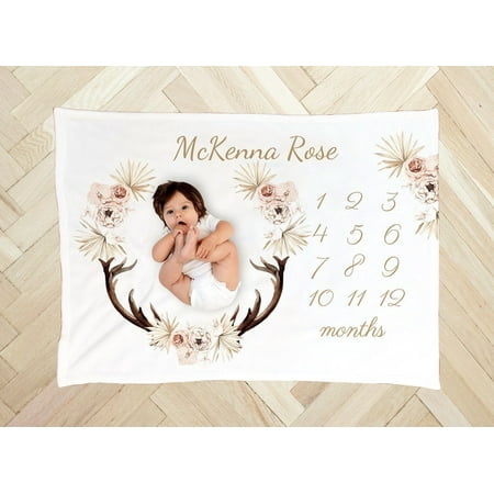 

ANTLERS BABY Girl Milestone BlanketHunting Deer Monthly Floral Personalized Month Custom Age Growth Hunter Baby Shower Gift Neutral