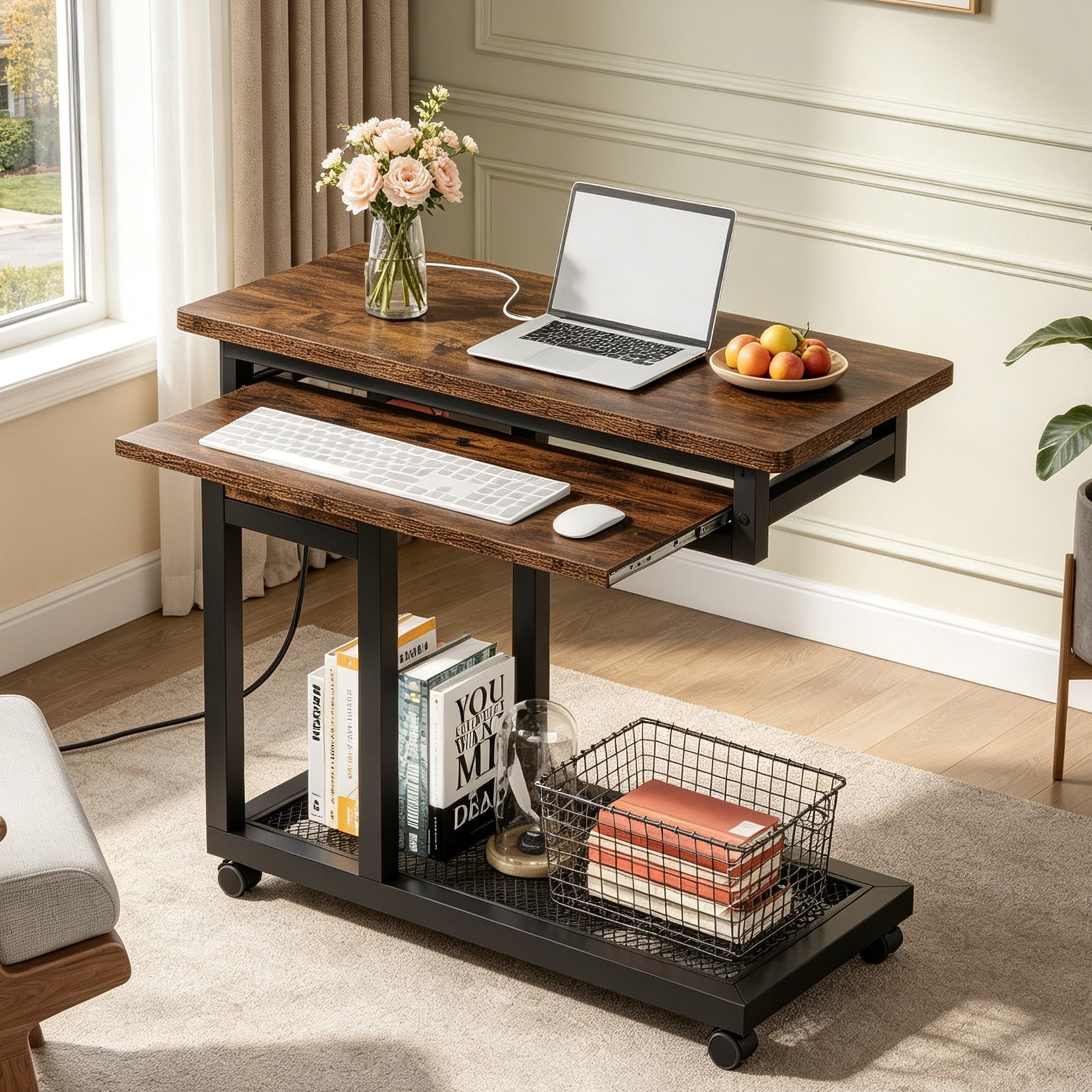 Fnova Small Portable Desk with Charging Station, Height Adjustable Mobile Desk with 4 Wheels, USB Ports & Power Outlet, Rolling Computer Cart, C Side Table for Sofa Couch Bedside, Brown