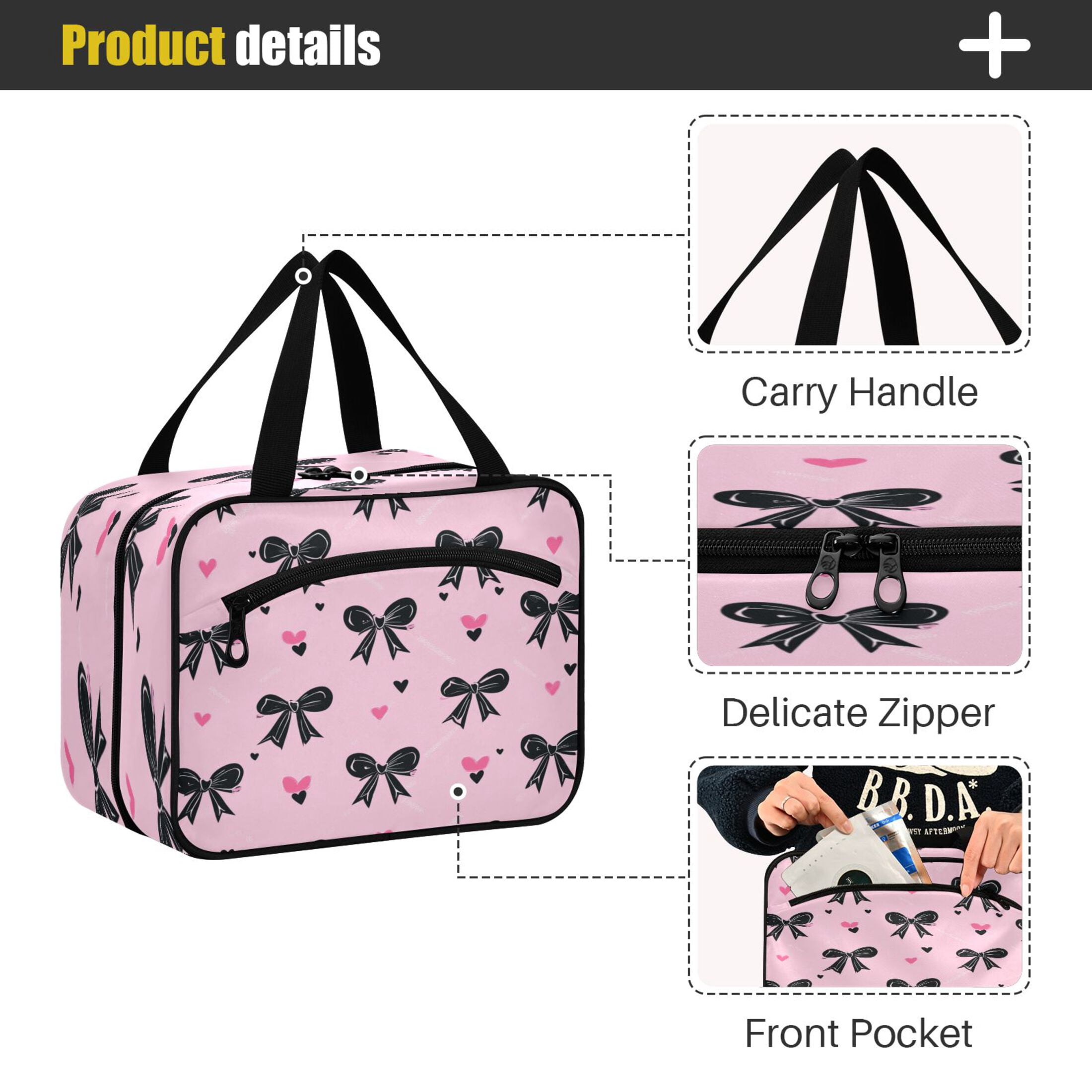 Travel Toiletry Bag with Metal Hook Large Capacity Cosmetic Bag Toiletry Bags for Travel, Gym, Camping Black Bows