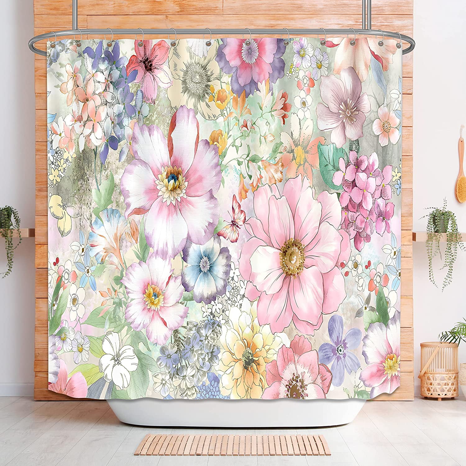 Colorful Floral Shower Curtain Retro Boho Botanical Flower Butterfly