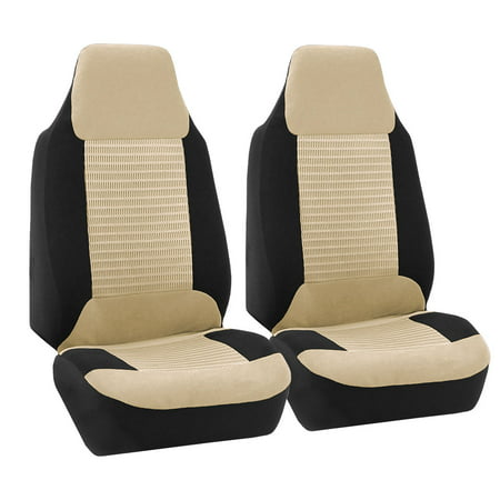 FH Group Premium Fabric Front High Back Car Truck SUV Bucket Seat Cover Airbag Compatible, Pair, Beige and
