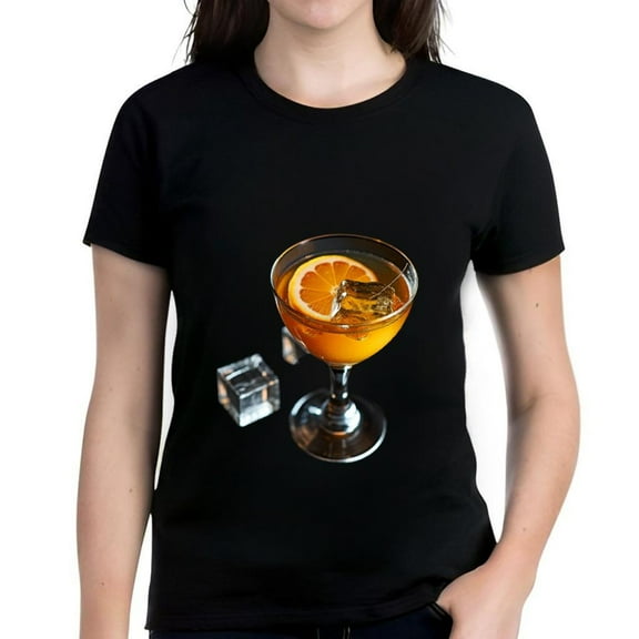 Vivid Black Cotton Short Sleeve T-Shirt for Women with Striking Orange Drink and Design
