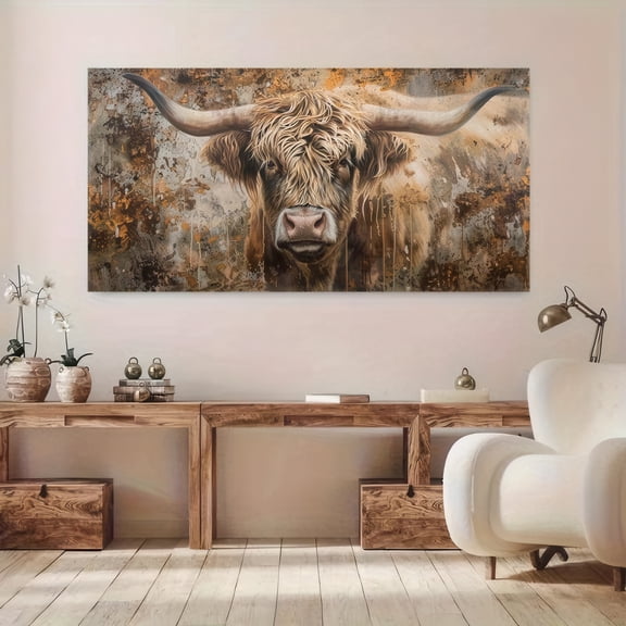 Rustic Highland Bull with Long Horns Abstract Textured Framed Canvas Wall Art 48x24 Inch Farmhouse Western Decor for Living Room Office Barn