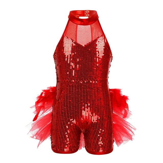YiZYiF Justaucorps de Danse Jazz Latine à Sequins pour Filles Combinaison Sans Manches à Plumes Performance de Scène Rouge 10
