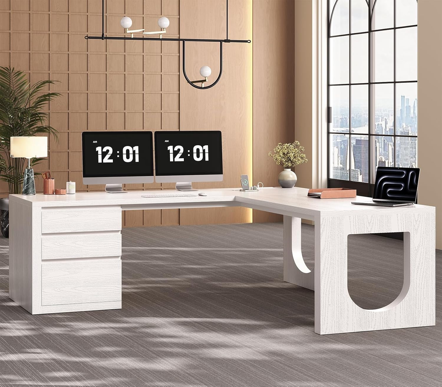 SEDETA 63" L Shaped Desk with 3 Wood Drawers, Modern Executive Office Desk with File Drawer, Wood Corner Computer Desk with U-Shaped Legs & Relief Texture, Home Office Desk with Power Outlet, White