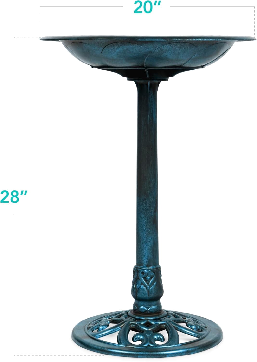 NIUMU  28in Pedestal Bird Bath, Vintage Outdoor Resin Accent Decoration w/Fleur-de-Lis Accents - Peacock Blue