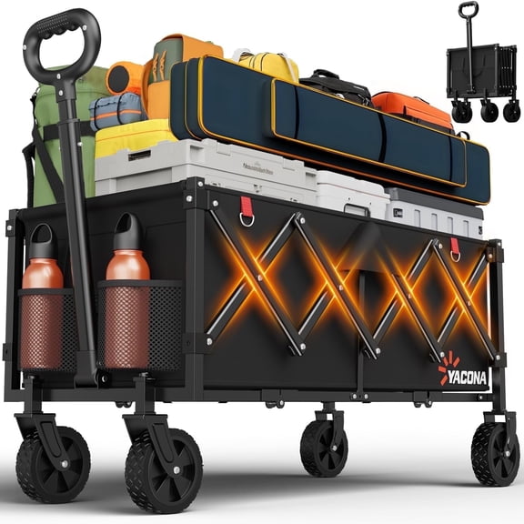 Yacona 35" L Extra Long Wagons Carts Foldable, 180L Heavy Duty Collapsible Wagon with Wheels, 360Lbs Portable Utility Cart for Shopping, Grocery, Garden, Beach, Camping, Black