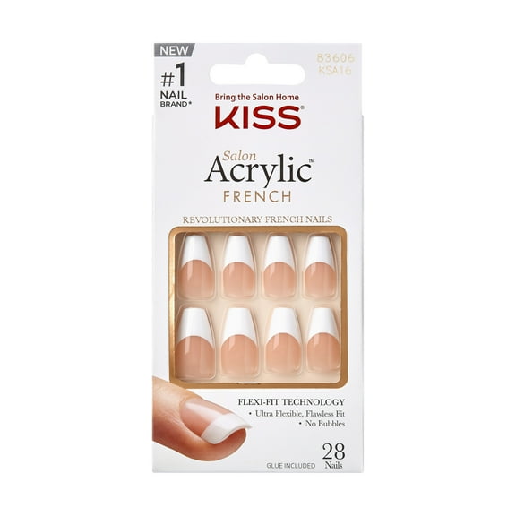 KISS Salon Acrylic Medium Coffin Press-on Nails with Glue, White French, 28 Pieces
