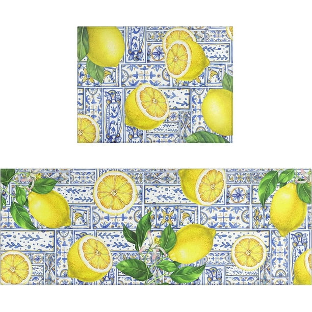 Lemon Kitchen Mat Set of 2 Piece Non Slip Rubber Backing Washable