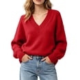 thumbnail image 2 of Zormilly Red Sweaters for Women Long Sleeve V Neck Soft Oversized Sweaters Winter Brushed Knit Tops, S-L, 2 of 8