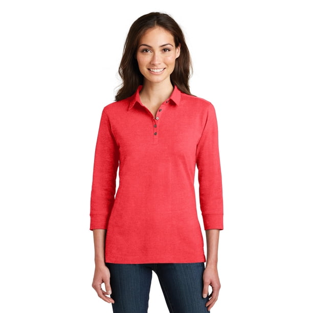 Polo de mezcla de algodón Meridian de manga 3/4 para mujer de Port Authority®. L578 Rosa Hibisco Autoridad Portuaria L578