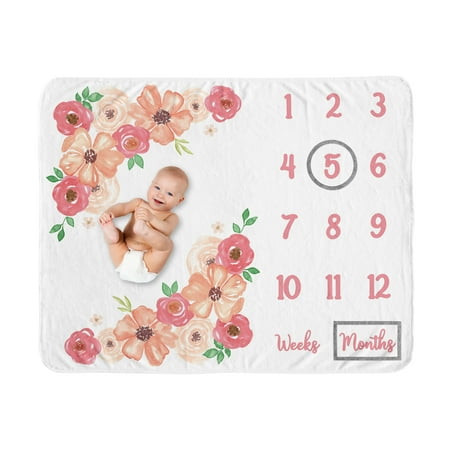 UPC: 0846480083757 | Watercolor Floral Peach and Green Milestone Baby Blanket by Sweet Jojo Designs