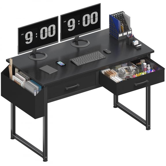 Black Computer Desk With Fabric Drawers For Home Office 40 Inch Gaming Study Table With 2 Drawers