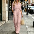 thumbnail image 3 of MexChoioe Womens Solid Color Lapel Button Jumpsuits 5 Sleeve Elastic Waist Pocket Wide Leg One Piece Outfits, 3 of 6
