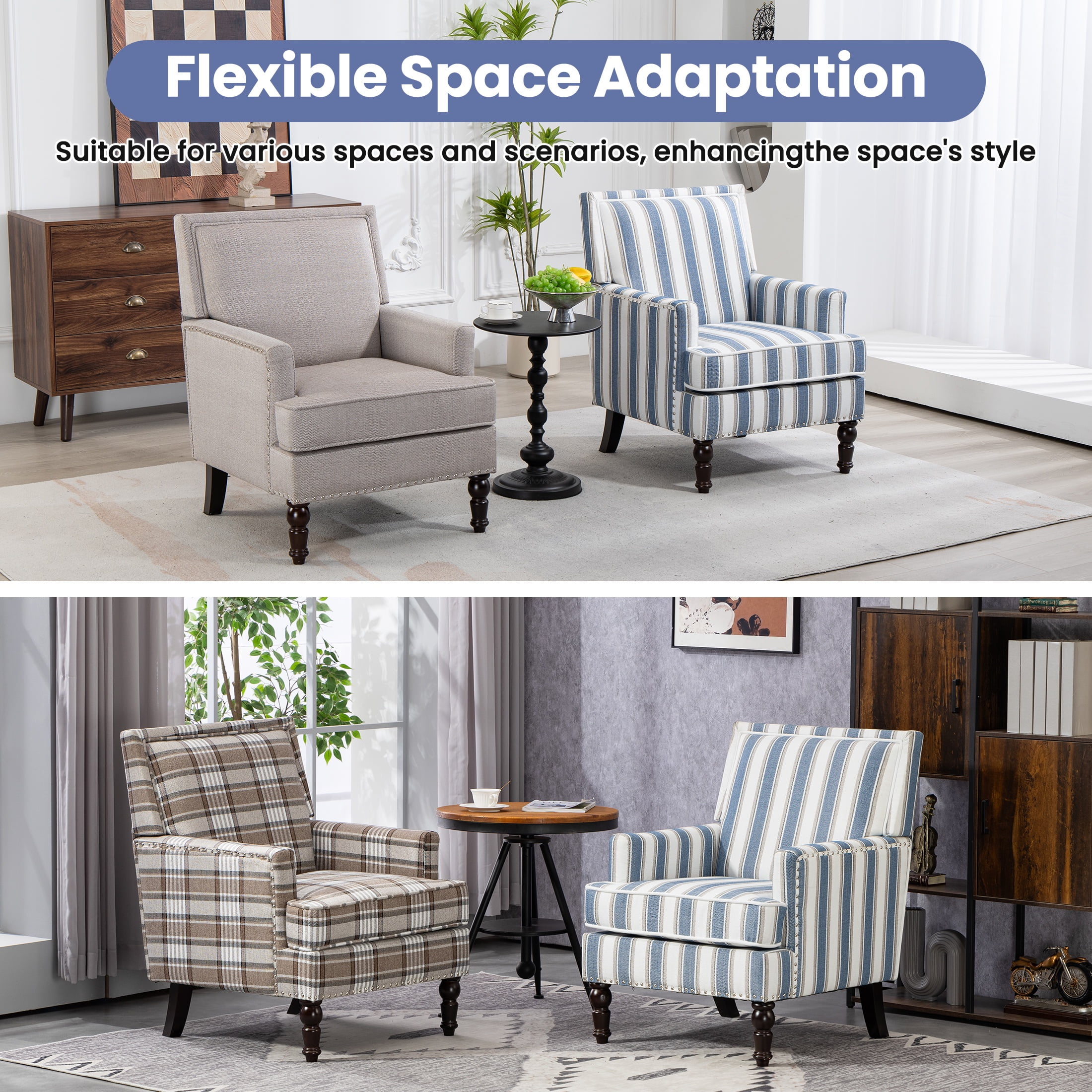 LEGAHOME Vintage Accent Chair, Upholstered Armchair with Nailhead Trim, Linen Fabric Arm Chair Comfort Reading Chair Lounge Chair for Living Room Bedroom Sunroom, Blue(1PC)