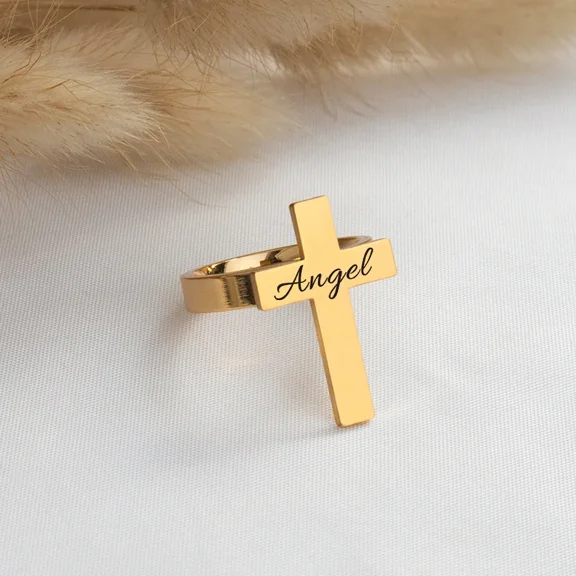 Customized Name Cross Ring Personalized Carving 14K Yellow Gold Ring Jesus Prayer Ring Jewelry Gift