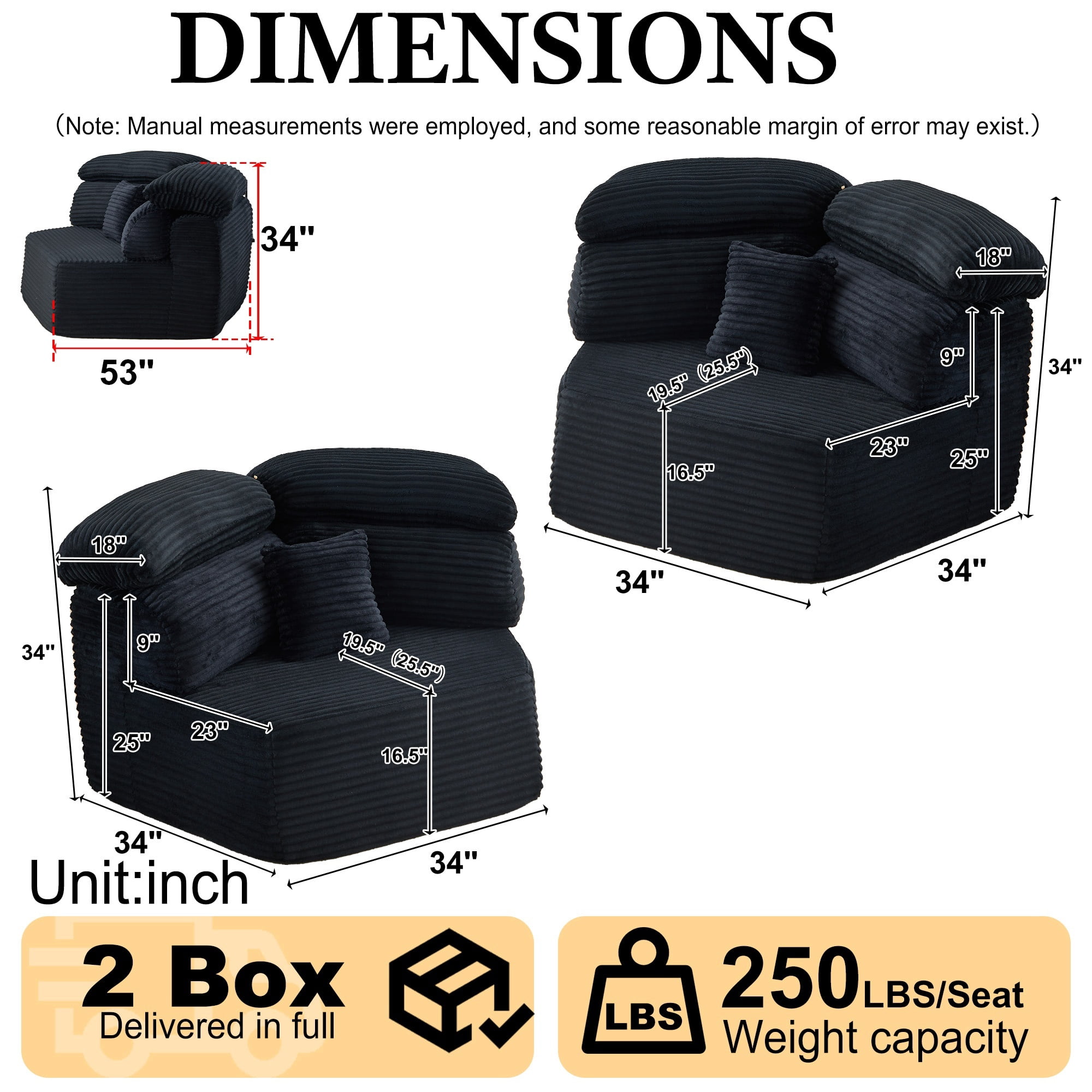 Compressed Boneless Floor Sofa, Modular Couch with Multi-Cushion Backrest, Upholstered Futon Loveseat, Accent Armchair Set of 2