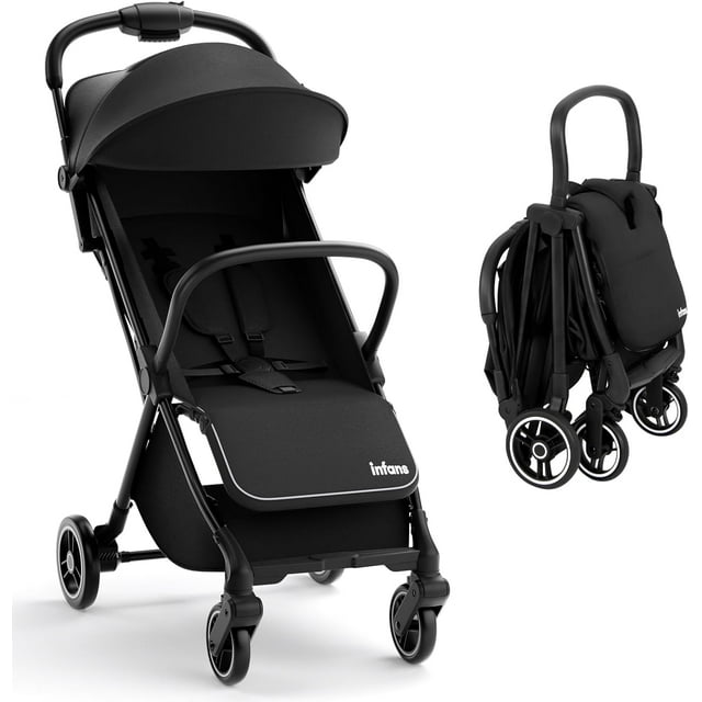 INFANS Lightweight Baby Stroller, One-Hand Gravity Fold, Compact Travel Stroller for Airplane with Aluminium Frame, Adjustable Backrest and Canopy, Foldable Infant Toddler Stroller
