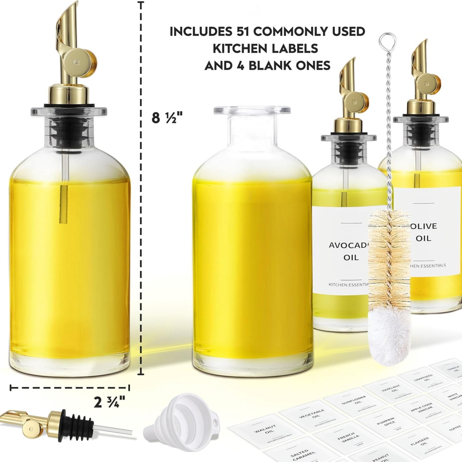 Olive Oil Dispenser Bottle - Includes 55 Kitchen Essential Labels - Cooking Oil Bottles for Kitchen, Coffee Syrup Dispenser - Pourer Spout with 11.8 fl oz Glass Container Cruet - 4pcs, Gold