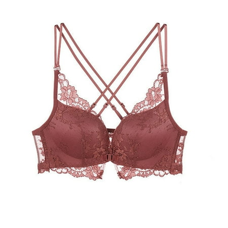 

maytalsoy Embroidery Sexy Underwear Lace Brassiere Thick Cotton Front Closure Women Push Up Bra High Elastic Shoulder Strap Gray Pink 32/70AB/Thick Cup