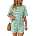 thumbnail image 5 of XuJwPNcy Women's Two Piece Pajama Set Striped Print Crew Neck Short Sleeve Tee with Stretchy Shorts Set Trendy Sleepwear, 5 of 5