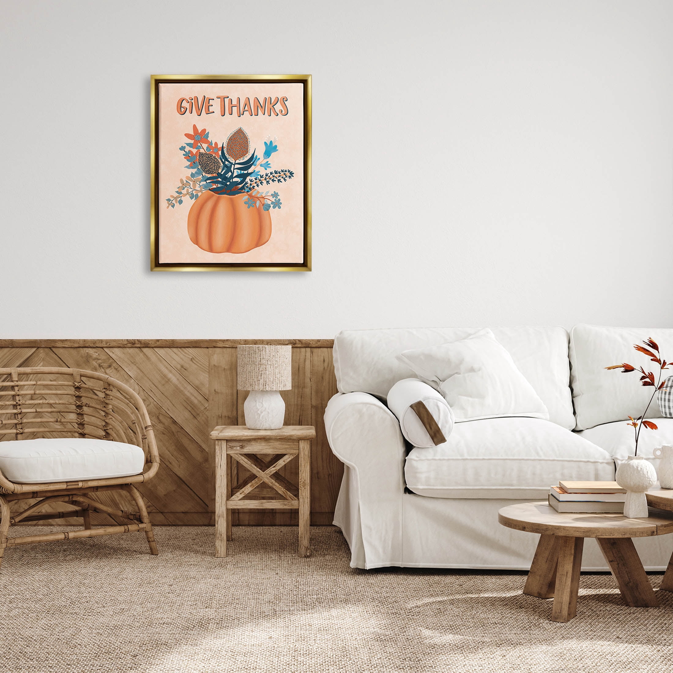 Give Thanks Fall Botanical Blooms Holiday Graphic Art Metallic Gold Framed Art Print Wall Art