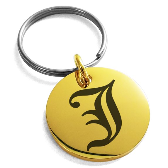 Stainless Steel Letter J Initial Old English Monogram Engraved Small Medallion Circle Charm Keychain Keyring