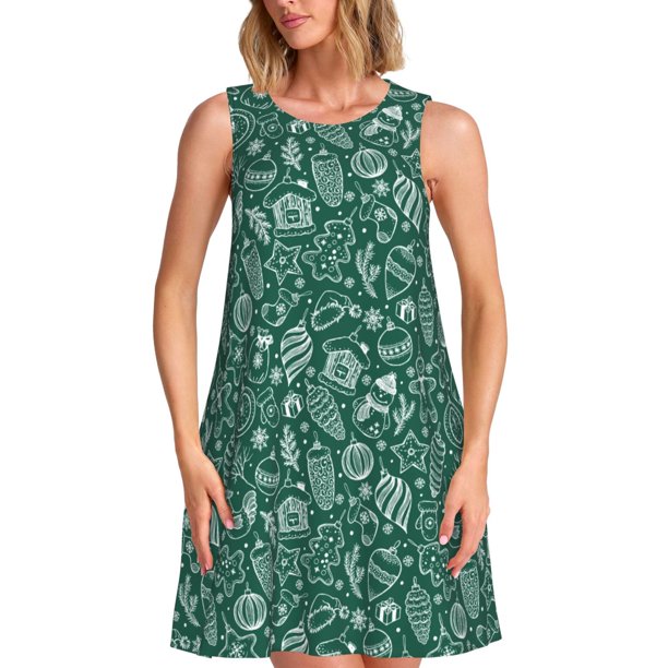Disketp Green Christmas para Vestido sin Mangas para Mujeres, Vestidos de Verano para Mujeres, Casual y Holgado para la Playa